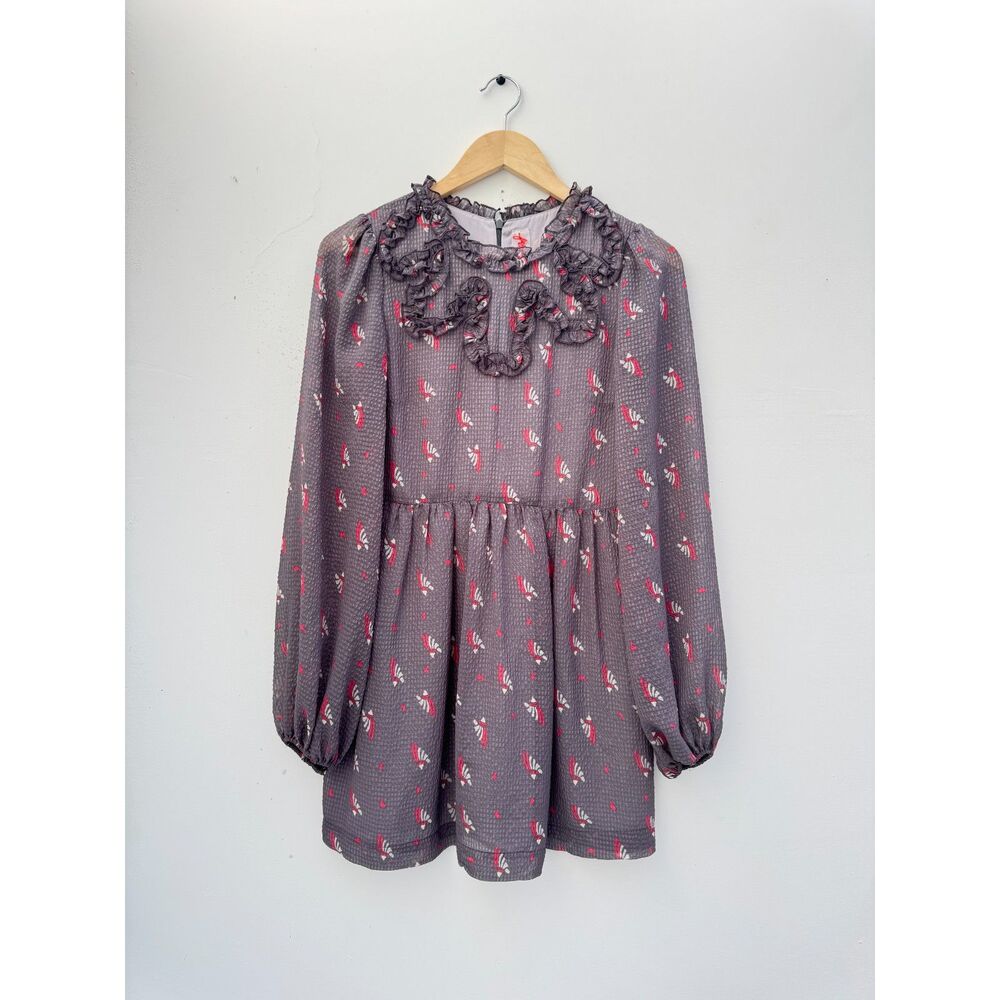 Free People Size 2 Gray Red Print Ruffle Mini Dress Long Sleeve Babydoll